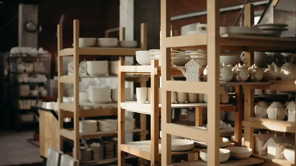 Rows of unglazed pottery drying on studio shelves